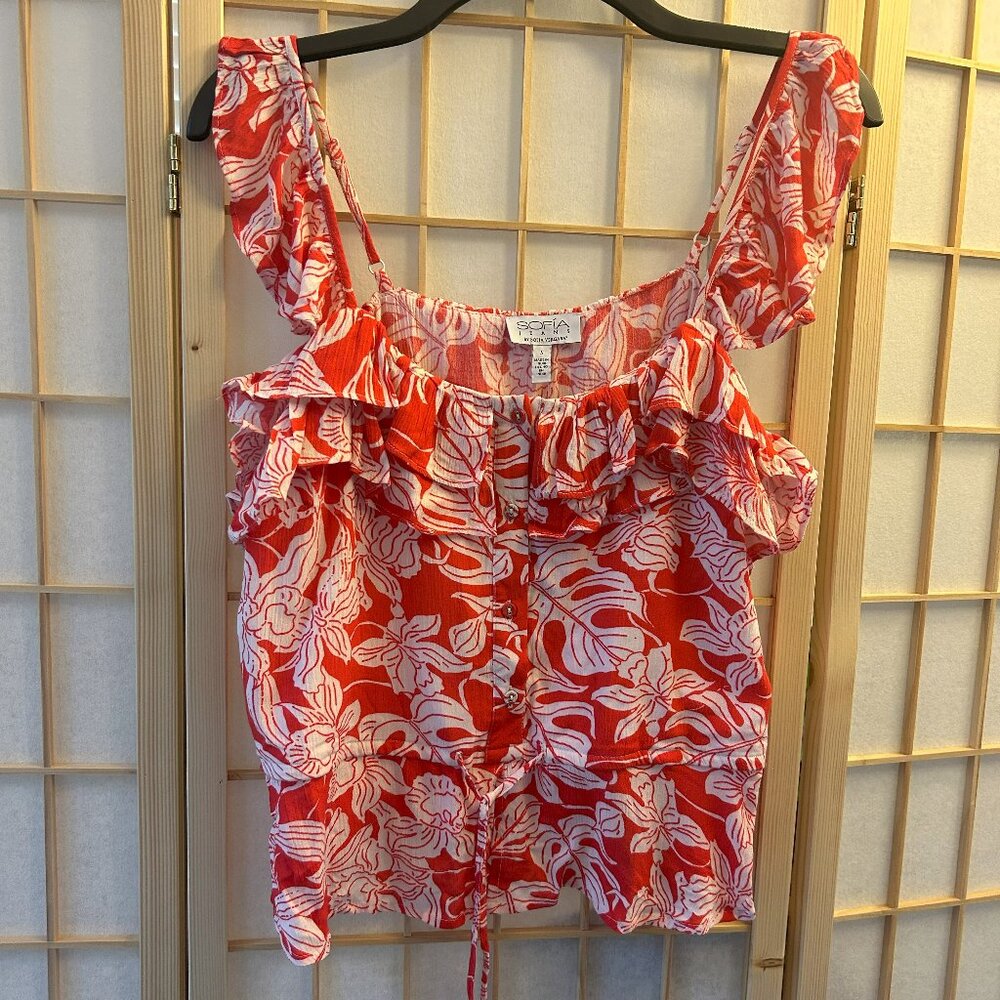 Flirty, fun floral ruffled summer top with tie waist from Sofia Vergara!